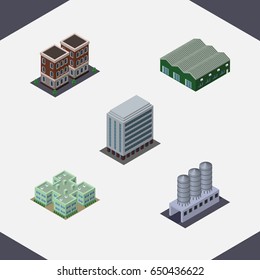 Isometric Construction Set Of Water Storage, Office, Clinic And Other Vector Objects. Also Includes Hospital, Depot, Office Elements.
