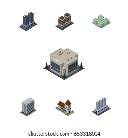 Isometric Construction Set Of Water Storage, House, Company And Other Vector Objects. Also Includes Clinic, Tower, Storage Elements.