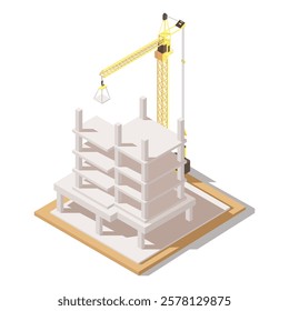 Isometric construction site with crane and building framework. Vector illustration