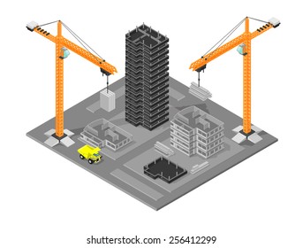 Isometric Construction Site With Cranes And Buildings. Isometric Construction Site. Isometric Building Site.