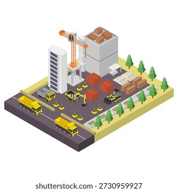 Sitio de construcción isométrica ilustrado en Vector