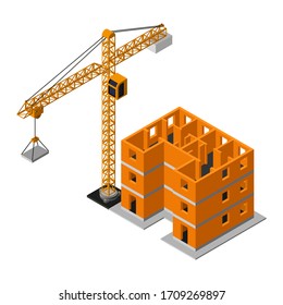 Isometric Construction Site With Industrial Crane Flat Vector Icon Isolated On White Background. 3d Building Construction In Process.