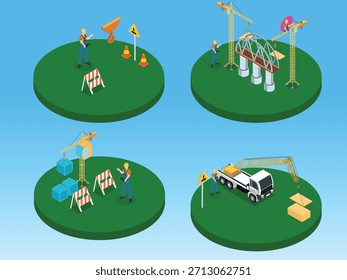 Isometric Construction Site Set: Building Bridge, Lifting Cargo, and Workers with Heavy Machinery 3d isometric vector illustration