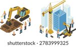 Isometric Construction Site Workers and Crane Illustration