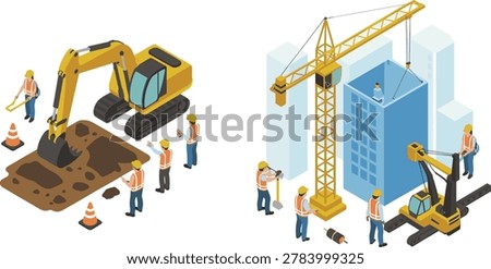 Isometric Construction Site Workers and Crane Illustration