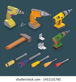 Isometric construction tools isolated on grey background. Drill, screwdriver and hammer. Vector set of hand tools for building or home renovation. Instruments for repair. Colorful flat illustration.