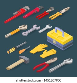 Herramientas de construcción isométricas aisladas en fondo gris. Llave de plomo, alicates, spanner, destornillador, martillo. Conjunto vectorial de herramientas manuales para la renovación de edificios o casas. Instrumentos de reparación. Plano.