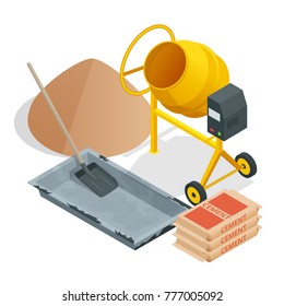 Isometric Construction tools and materials. Building. Construction building icon isolated white background.