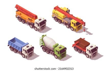 Isometric construction trucks set. Vector illustration