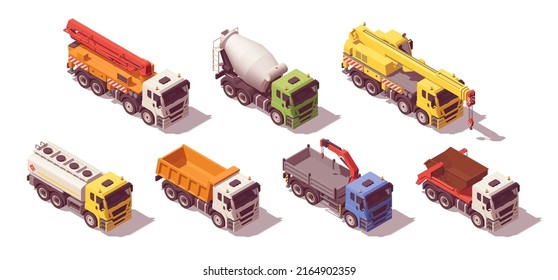 Isometric construction trucks set. Vector illustration