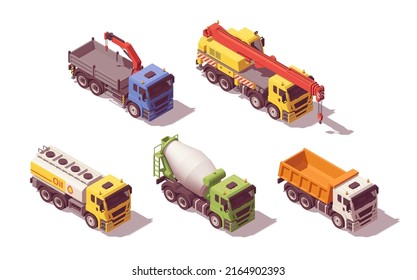 Isometric construction trucks set. Vector illustration