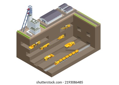 Construcción isométrica subterránea y cantera minera a cielo abierto. Fábricas o plantas industriales, industria pesada. Equipo para la industria de alta minería. Excavadora, camión de carga, volcado