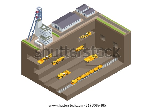 Isometric\
construction underground and open pit mining quarry. Factories or\
industrial plants, heavy industry. Equipment for high-mining\
industry. Excavator, truck for haul,\
dump