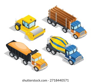 Isometric construction vehicles and materials on white background