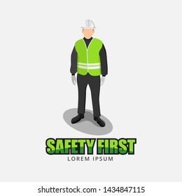Isometric Construction Worker Wearing Hard Hat, Gloves, Earmuffs, Clothing And Boots. Safety First Icon For Poster, Background Or Etc
