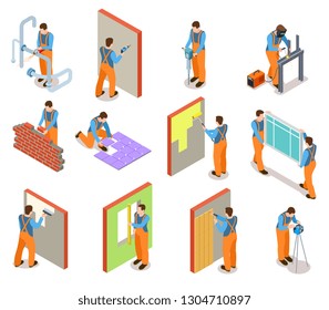 ISOMETRIC CONSTRUCTION WORKERS. Builder doing various works with material professional equipment. Industrial construction vector set