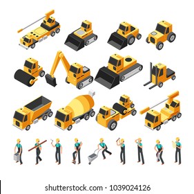 Isometric Construction Workers, Building Machinery And Equipment 3d Vector Set. Construction Equipment And Bulldozer Machinery Illustration