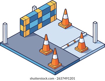 Isometric construction zone with traffic cones, barrier wall, and striped roadblock. Ideal for road safety, caution signage, or worksite illustrations. Clean vector for urban infrastructure themes.