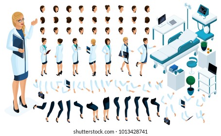 Isometric Constructor is a beautiful female doctor with a set of gestures and emotions. Create your character. Set of furniture for the hospital ward.