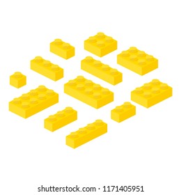 Isometric constructor blocks 3d preschool build cubic vector illustration. Cube brick and block, 3d child toy isometric, geometric plastic construction. Plastic game building blocks