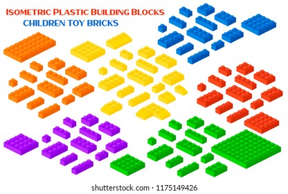 Isometric constructor blocks 3d preschool build cubic vector illustration. Cube brick and block, 3d child toy isometric, geometric plastic construction. Plastic game building blocks