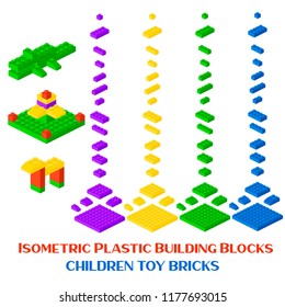 Isometric constructor blocks 3d preschool build cubic vector illustration. Cube brick and block, 3d child toy isometric, geometric plastic construction. Plastic game building blocks