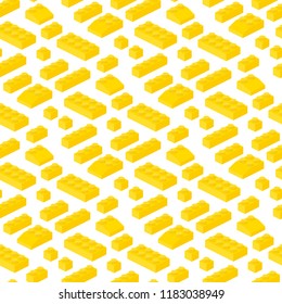 Isometric constructor blocks 3d seamless pattern background preschool build cubic vector illustration. Cube brick and block, 3d child toy isometric, geometric plastic construction.