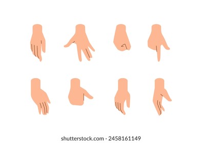 Isometric constructor to create a character. Series of 8 hand gestures displaying various positions for the movement of character, set of vector illustrations isolated on white background.