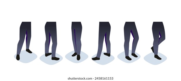 Isometric constructor to create character. Set of feet and leg poses for movement of characters. Various leg poses wearing pants and shoes, set of vectors illustrations isolated on white background