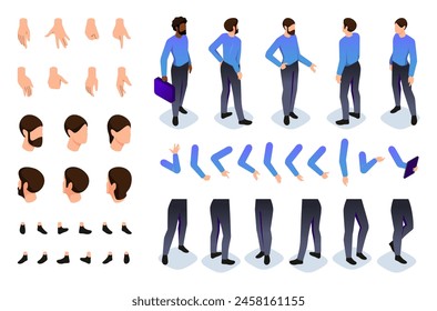 Constructor isométrico para crear el carácter. Conjunto de partes del cuerpo, manos, pies, poses de cabello, gestos, para el movimiento del carácter de hombre de negocios. Conjunto de Ilustración vectorial aislado sobre fondo blanco