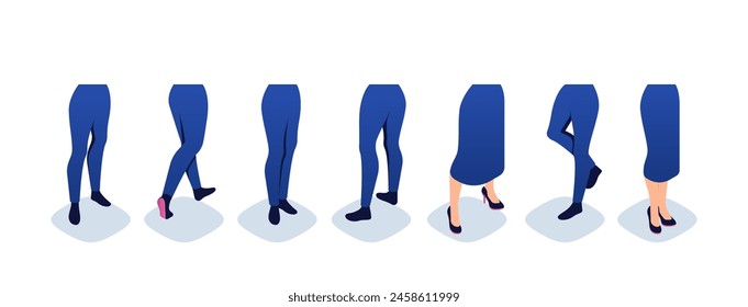 Isometric constructor to create character. Set of separate body parts, legs, poses for movement. Women's lower body wearing blue clothing and shoes. Vector illustrations isolated on white background