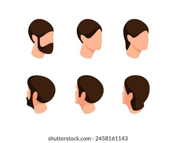 Isometric constructor to create character. Six vector illustrations of male profile heads. Different hairstyles and beard styles isolated on white background. Diversity in male grooming