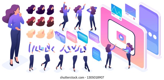 Isometric constructor to create a character, woman. Set 5 poses and gestures hands, feet, hair, for the movement of characters.