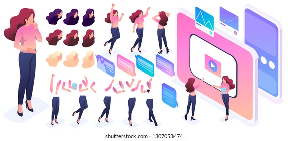 Isometric constructor to create a character, woman. Set 3 poses and gestures hands, feet, hair, for the movement of characters