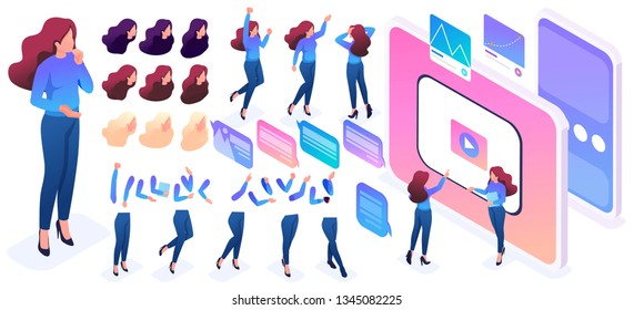 Isometric constructor to create a character, woman. Set 2 poses and gestures hands, feet, hair, for the movement of characters.