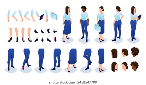 Isometric constructor to create a female character. Set of separate body parts, hands, feet, hair poses, gestures for movement of characters. Set of vector illustrations isolated on white background.