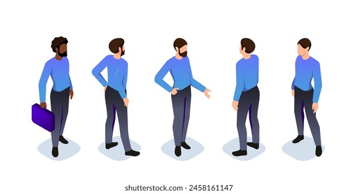 Isometric constructor to create male character. Set 5 poses for the movement of characters. Set of isometric vector illustrations of men in business casual attire, isolated on a white background