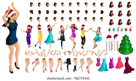 Isometric constructor of a dancing girl for Christmas illustrations, with a set of emotions, hairstyles, gestures of hands and feet. Create your character.