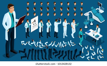 Isometric Constructor of a doctor, surgeon with a set of gestures and emotions. Create your character. A large set of accessories for the hospital worker.