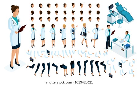 Isometric Constructor is a female doctor, surgeon with a set of gestures and emotions. Create your character. A set of accessories for the ultrasound study.