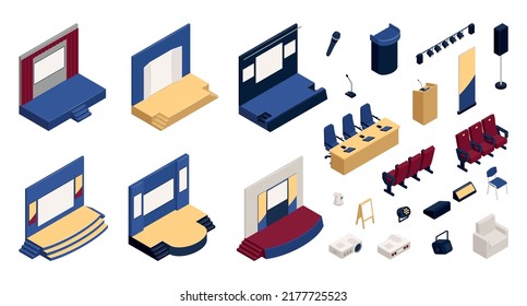 Isometric constructor set of press conference hall elements isolated vector illustration