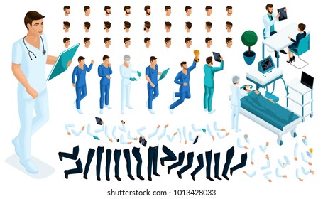 Isometric Constructor of the surgeon with a set of gestures and emotions. Create your character. A large set of accessories for the hospital worker.