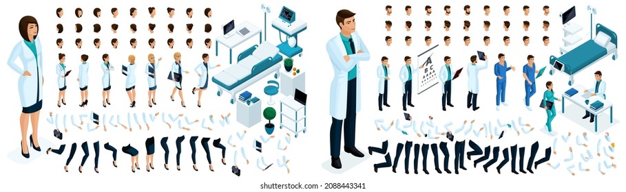 Isometric constructor. Woman and a man are doctors with a set of gestures and emotions. Create your own character. Set of furniture for a hospital room.