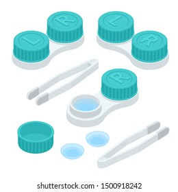 Isometric contact lenses set with tweezers and contact lenses individual plastic case. Opened and closed contact lenses container on white background.