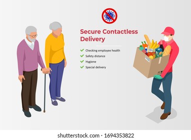 Isometric contactless deliveryman in a medical mask, gloves delivering food or products to the elderly and people with disabilities at home. Online purchases during a quarantine.