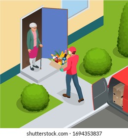 Isometric contactless deliveryman in a medical mask, gloves delivering food or products to the elderly and people with disabilities at home. Online purchases during a quarantine.