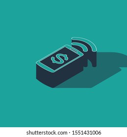 Isometric Contactless payment icon isolated on green background. Mobile wallet technology, nfc, wireless payment with smartphone.  Vector Illustration