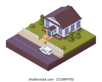 Isometric Contactless Product Delivery, Online Orders. Scene With Townhouse, Car And Boxes Near Porch