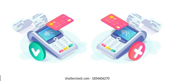 Isometric contactless successful payment and payment failed concept. 3d payment terminal with red and green checkmark. Cashless NFC payment transaction canceled and approved. Vector internet shopping.