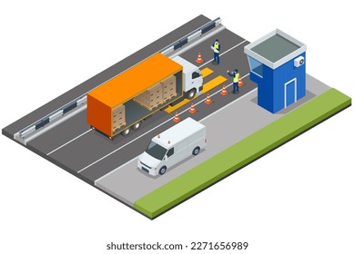 Isometric Container car on the weighing scale Cargo transport, Truck trailer with container. Loaded trailer truck on weighbridge. Weighing control platform.